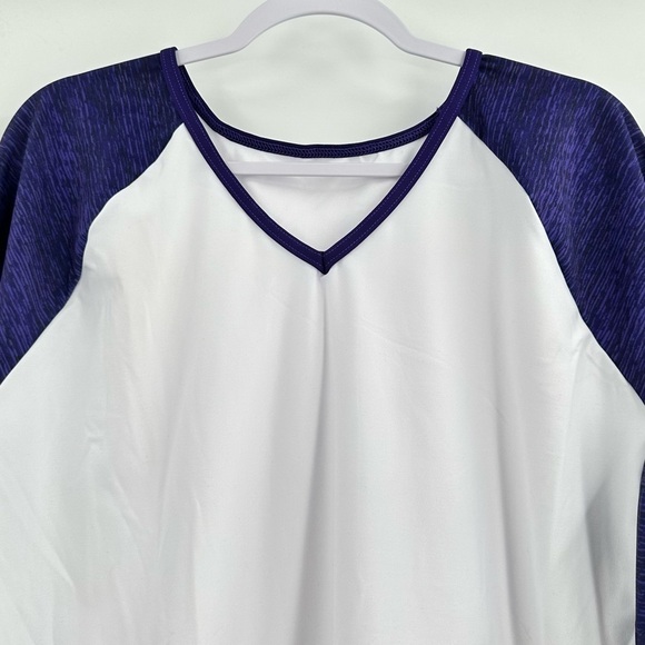 ADIDAS NWOT Short Sleeve V Neck Athletic Purple/White Dye Sub Top Size Small - Picture 2 of 5